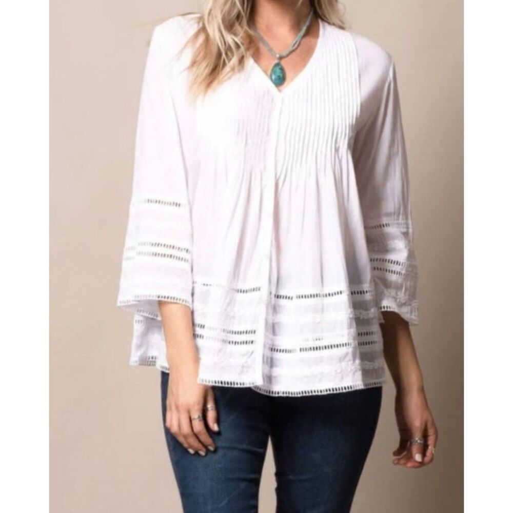 ROBERTA ROLLER RABBIT 100% Cotton White Pintuck Lace Tunic Blouse, Sz M